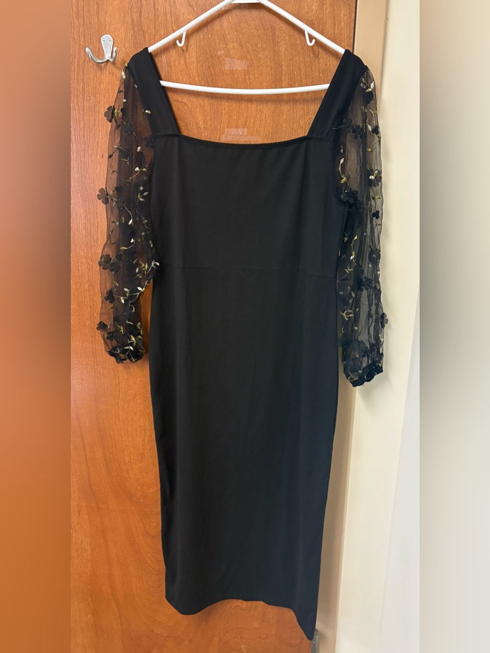 Black Sheer Floral Sleeve Square Neck Dress